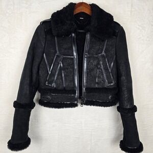 Burberry London Prorsum Black Lamb Shearling Aviator Jacket Leather Cropped 6 US